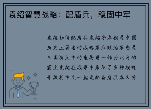 袁绍智慧战略：配盾兵，稳固中军